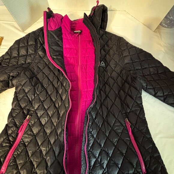 Reebok Women XL Quilted Hooded Jacket Black & Pink Full Zip Pockets Lightweight - Picture 8 of 11